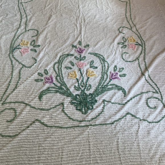 White Chenille Bedspread with Green Scrollwork and Pastel Floral Accents